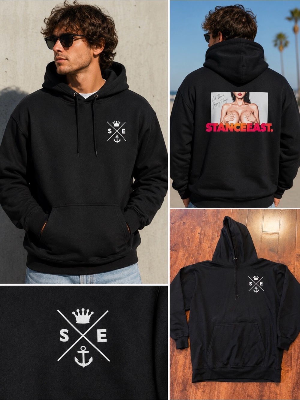 Stance Black Pullover Hoodie with Graphic Back and White Emblem Sz XL